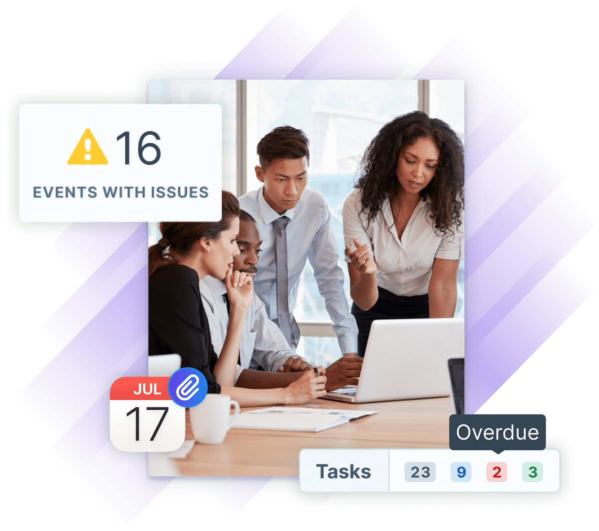 Illustration of a training team working in a boardroom around a laptop while alerts and notifications from Administrate float around them.