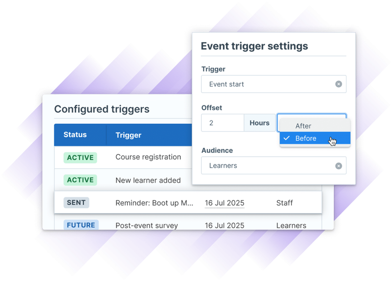 Screenshot of Administrate’s UI showing configurable event trigger settings for automated learner communications.