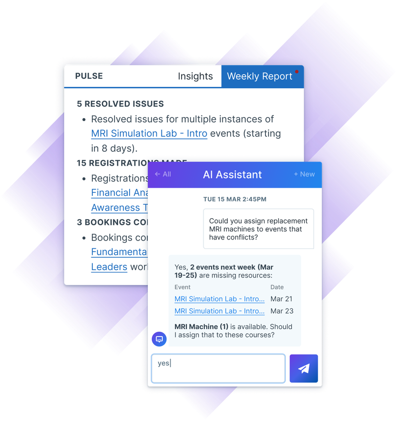 AI features from Administrate featuring various elements from the Administrate, displaying a summary of resolved issues, registration information, and interactions with the AI Assistant to resolve those issues.