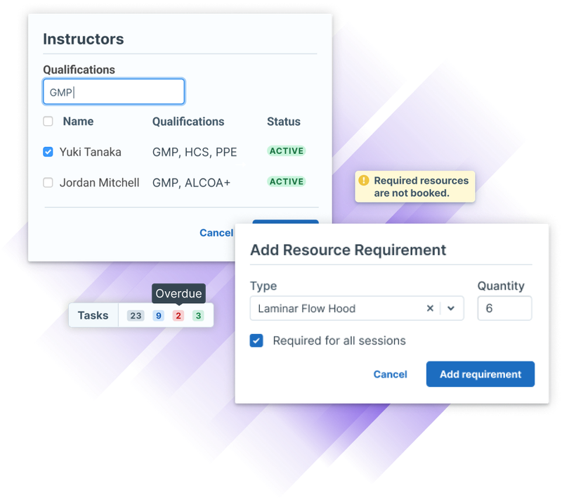 Administrate's Training Management interface showing how manufacturing teams can set instructor qualifications, resource booking alerts, and see overdue task tracking.