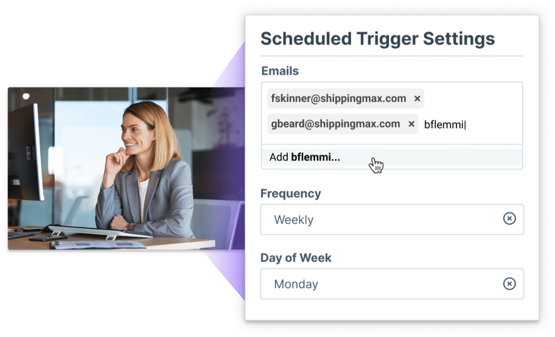 A smiling training professional next to a graphical overlay showing a screen from Administrate’s customized reporting interface.