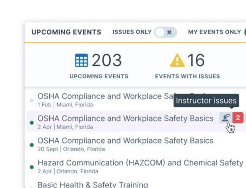 Illustration of the Administrate dashboard with upcoming events, including details such as event names, dates, and an alert for instructor conflict issues.