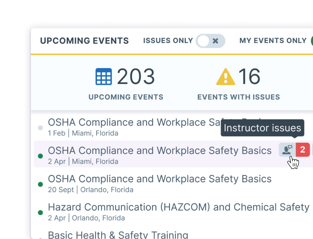 Illustration of the Administrate dashboard with upcoming events, including details such as event names, dates, and an alert for instructor conflict issues.