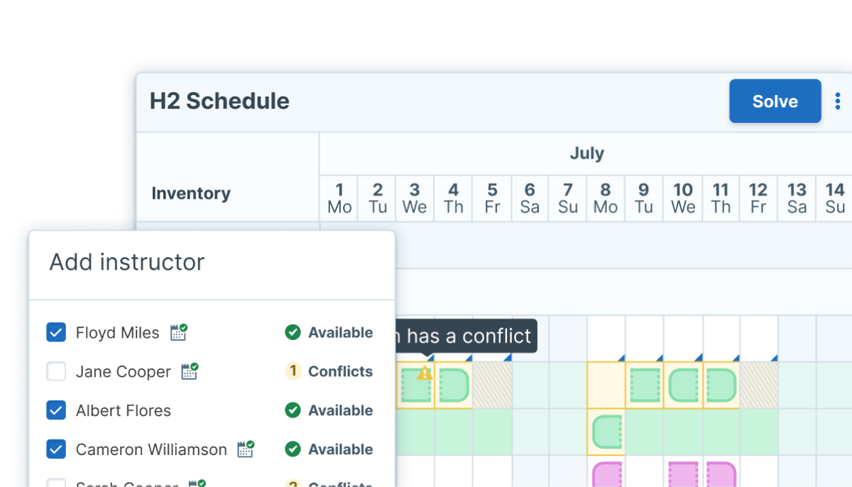 Screenshots of Scheduler, an AI powered planning tool within Administrate, the user is adding an instructor and syncing calendars in real time