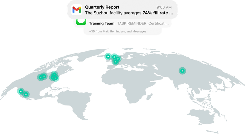 A world map highlighting clustered training or operational locations across North America, Europe, and Asia with real-time alerts for facility performance and certification reminders.