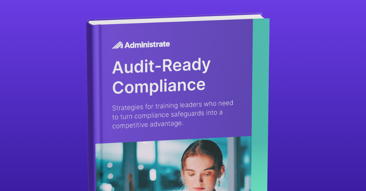 Audit ready compliance guidebook cover image featuring training professional looking at a tablet