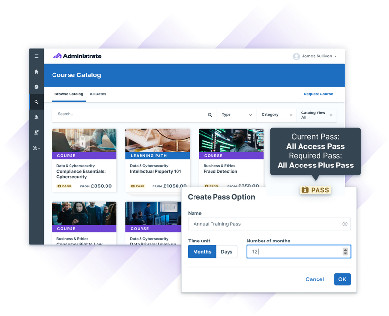 Screenshot of Administrate’s course catalog interface showing training options with pricing, pass requirements, and a pop-up for creating a 12-month annual training pass.