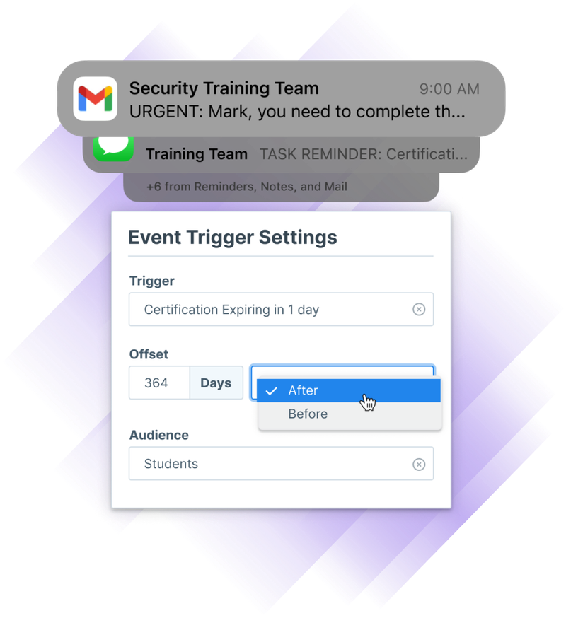 Image of event trigger settings for expiring certifications as well as email, message, and other notifications.
