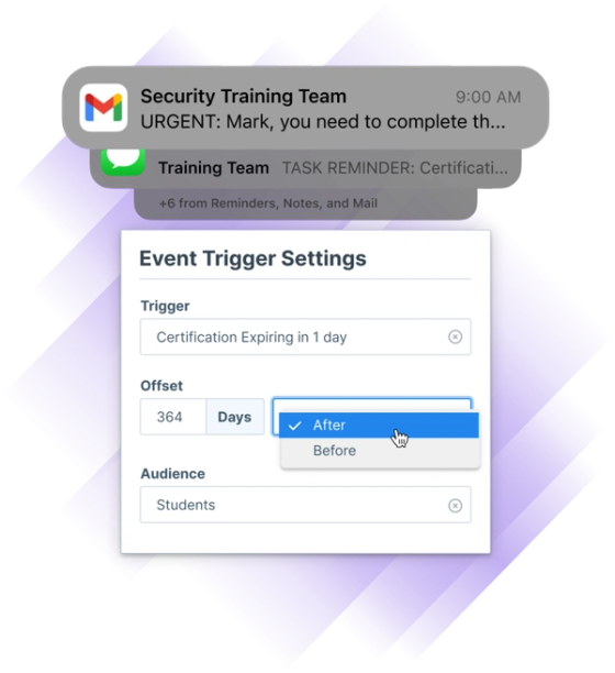 Image of event trigger settings for expiring certifications as well as email, message, and other notifications.