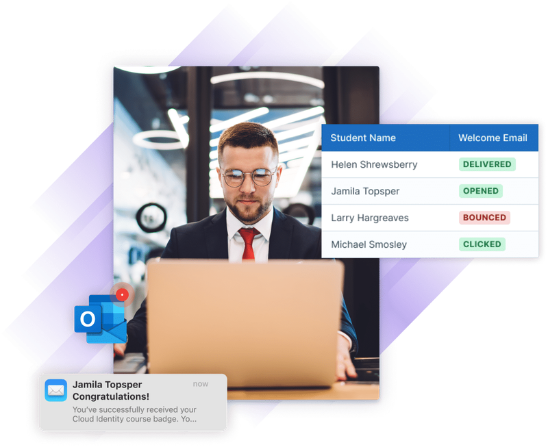 Illustration of a man using a laptop in his office as email tools and notifications appear around him.