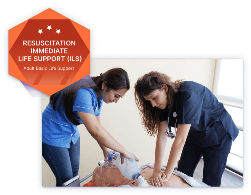 Medical professionals training on high value training dummy, with a digital badge earned in Administrate overlaid