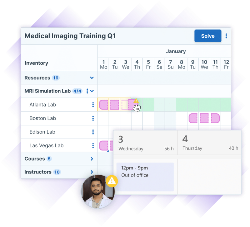 Illustration of a Medical Imaging Training Q1 schedule in Administrate's Scheduler, showing resource and room assignments for MRI Simulation Labs in January. The schedule lists four labs: Atlanta, Boston, Edison, and Las Vegas, with a conflict warning in Boston Lab on January 5th. A hand cursor is dragging an assignment within the schedule and the interface is showing where there are already conflicts. At the same time, calendar information is overlaid with an image of the instructor who has the conflict and his calendar showing that he is out of office on the original day, but free on the second day.