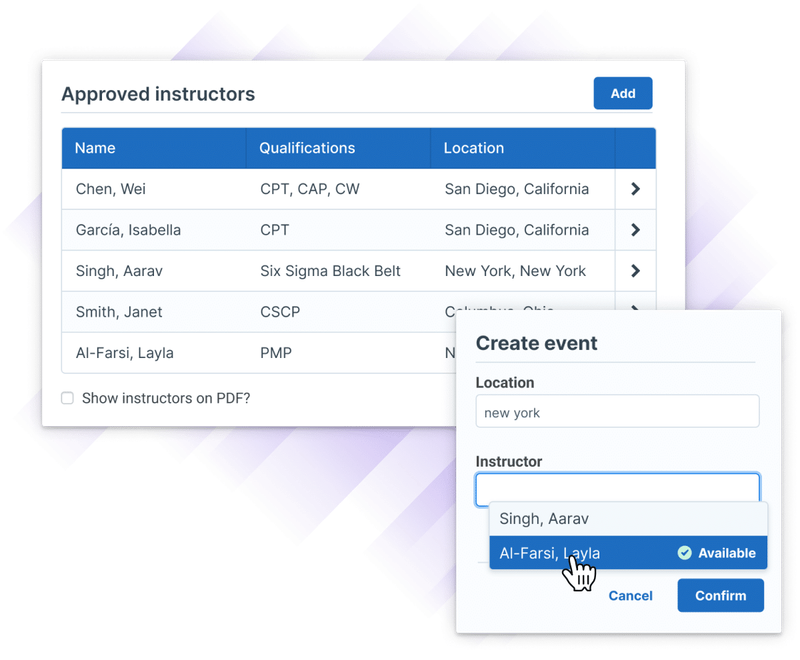 Administrate interface demonstrating approved manufacturing training instructors within a Course Template. The user can note instructor status at the Event level, with options for filtering on metadata like instructor’s location.