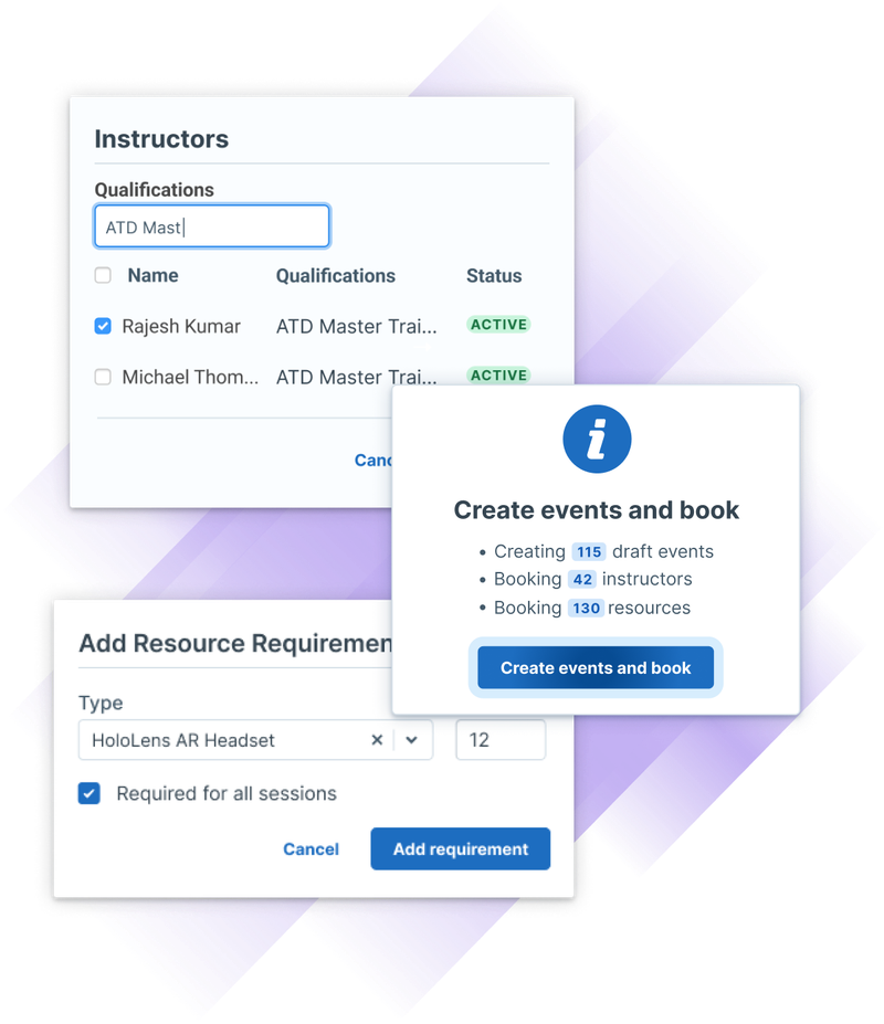 Image showing the Administrate software interface with sections for instructors, event creation, and resource requirements.