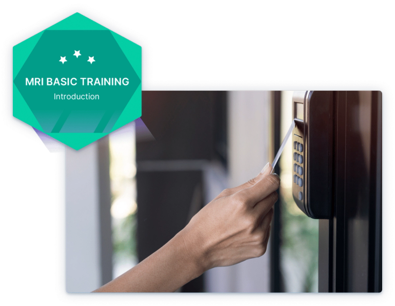 A person using an access card to open a secure door, access granted by earned achievements in Administrate.