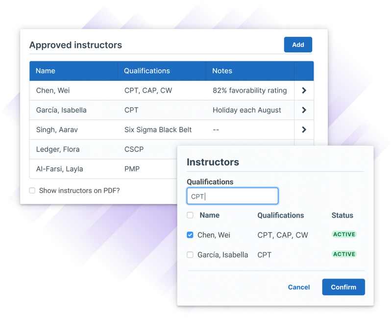 Administrate interface demonstrating approved manufacturing training instructors within a Course Template. The user can note qualifications and instructor status, with options for filtering and selection when later setting up an event.