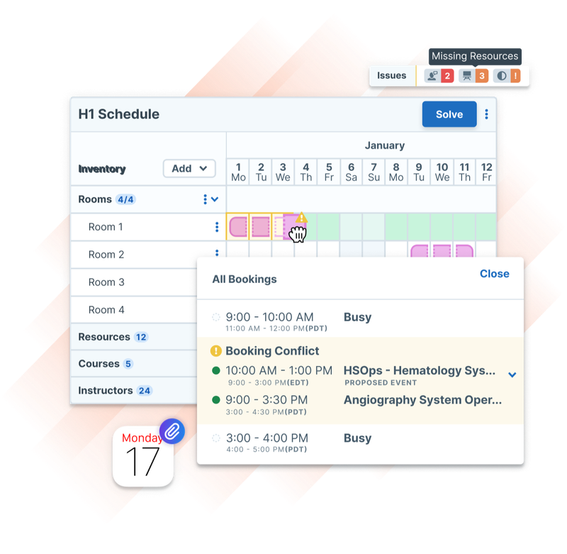 Administrate scheduling interface highlighting room bookings, resource conflicts, and overlapping training sessions.