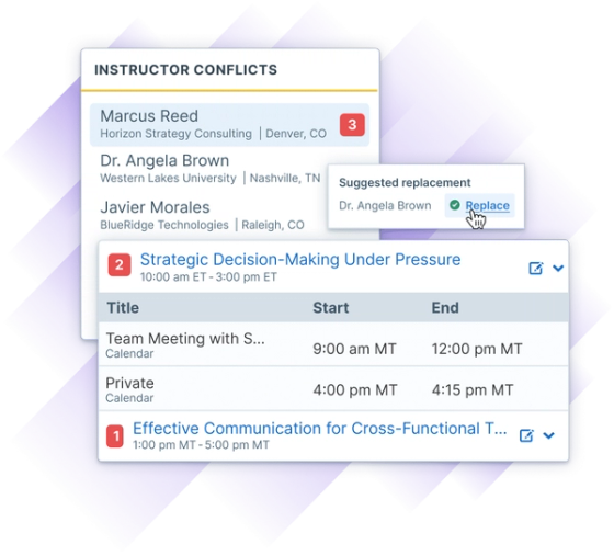 Instructor conflicts display with suggested replacements for HR training sessions.