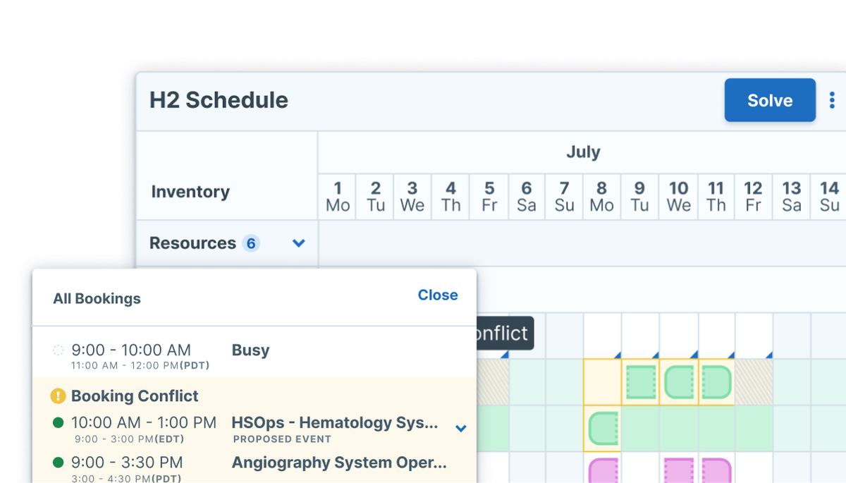 Screenshots of the planning canvas in Scheduler, an AI powered scheduling tool available with Administrate. These screens show additional booking options.