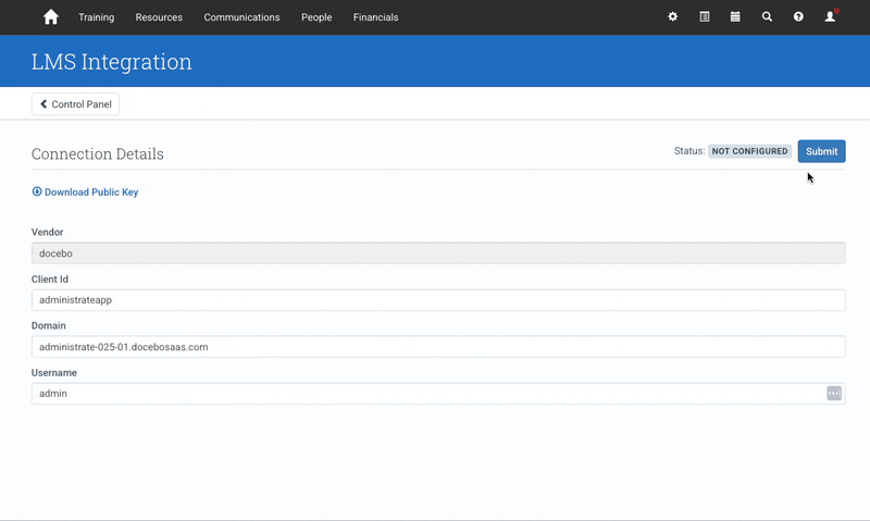 GIF showing how to set up the Docebo and Administrate integration.