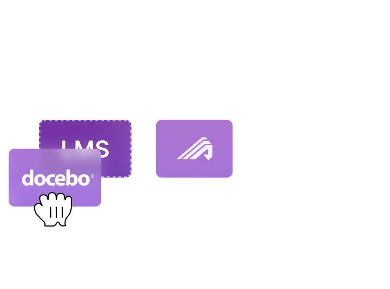 Illustration of Administrate connecting to other placeholder integrations and Docebo being placed over the LMS slot.