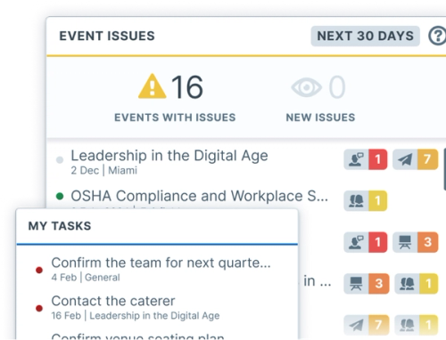 Image depicting training session management dashboard with alerts for events with issues and a task list for upcoming responsibilities.