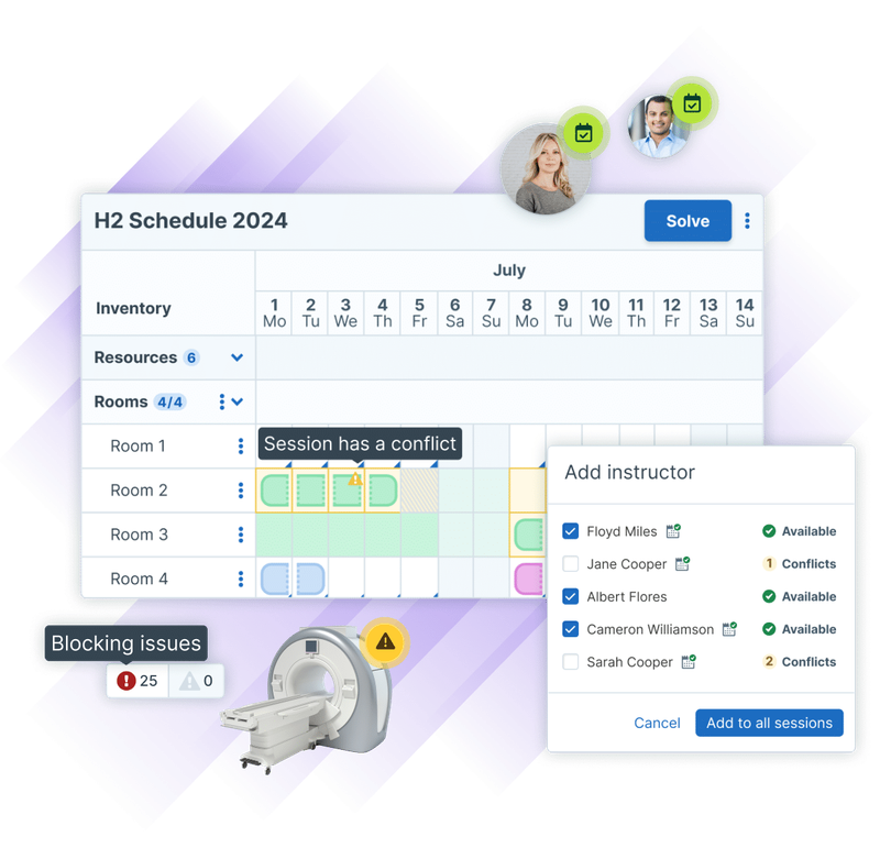 Administrate Scheduler UI elements such as issue highlights, the add instructor modal, and session conflict alerts.