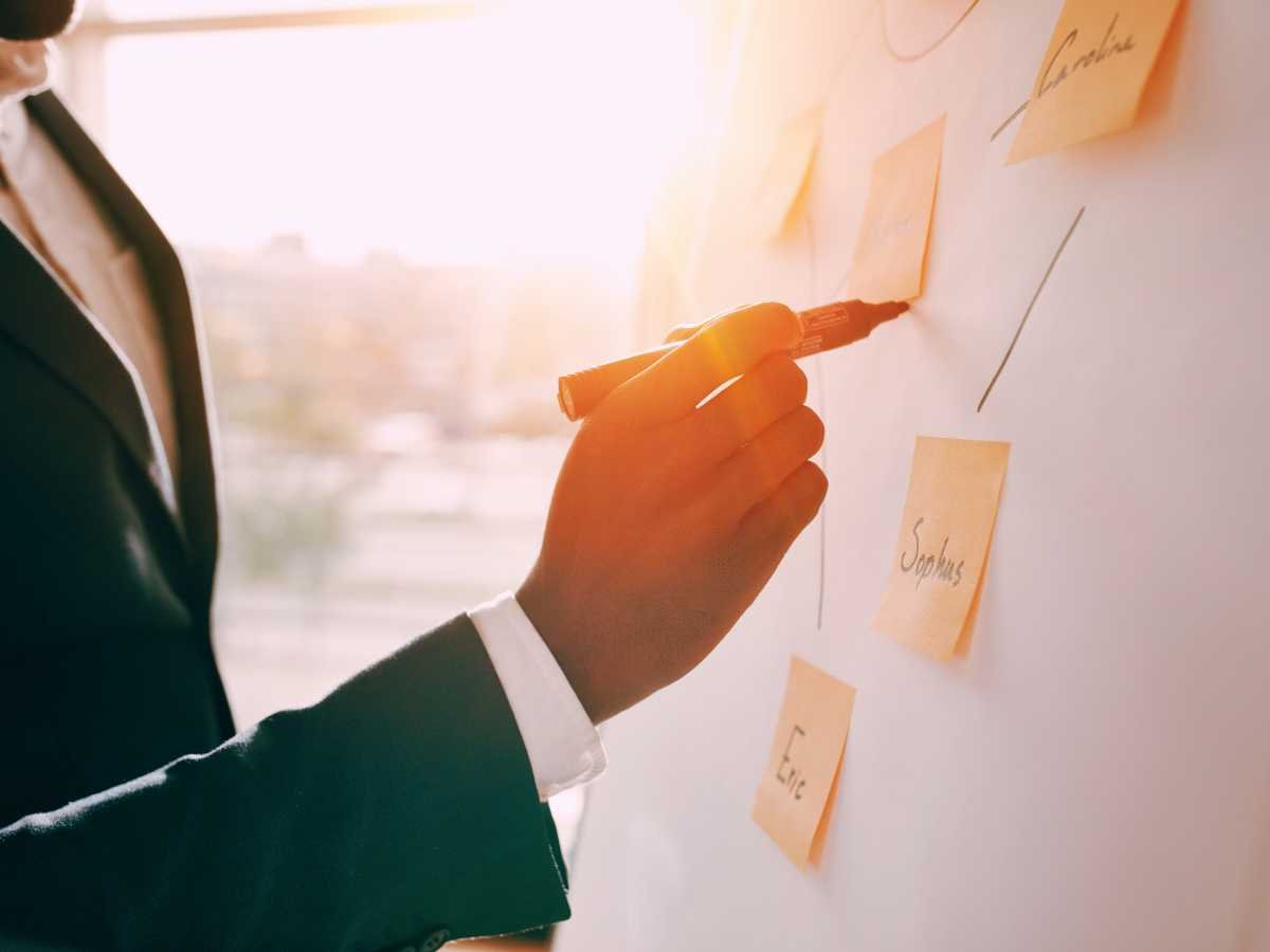 Hand writing on a whiteboard about centralizing training processes and teams.
