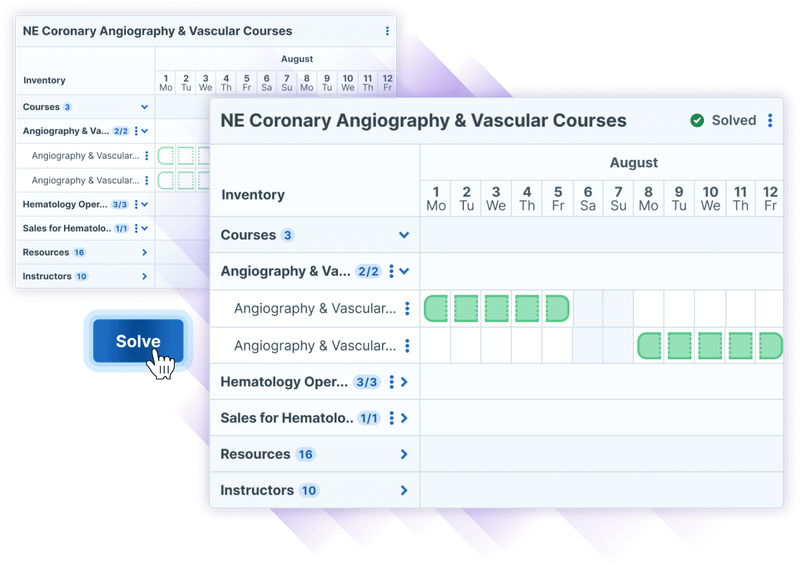Illustration of Administrate's Scheduler solving a schedule for NE Coronary Angiography & Vascular courses. The image demonstrates a user clicking the 'Solve' button and receiving a fully solved plan. The interface displays various courses, resources, and instructors.