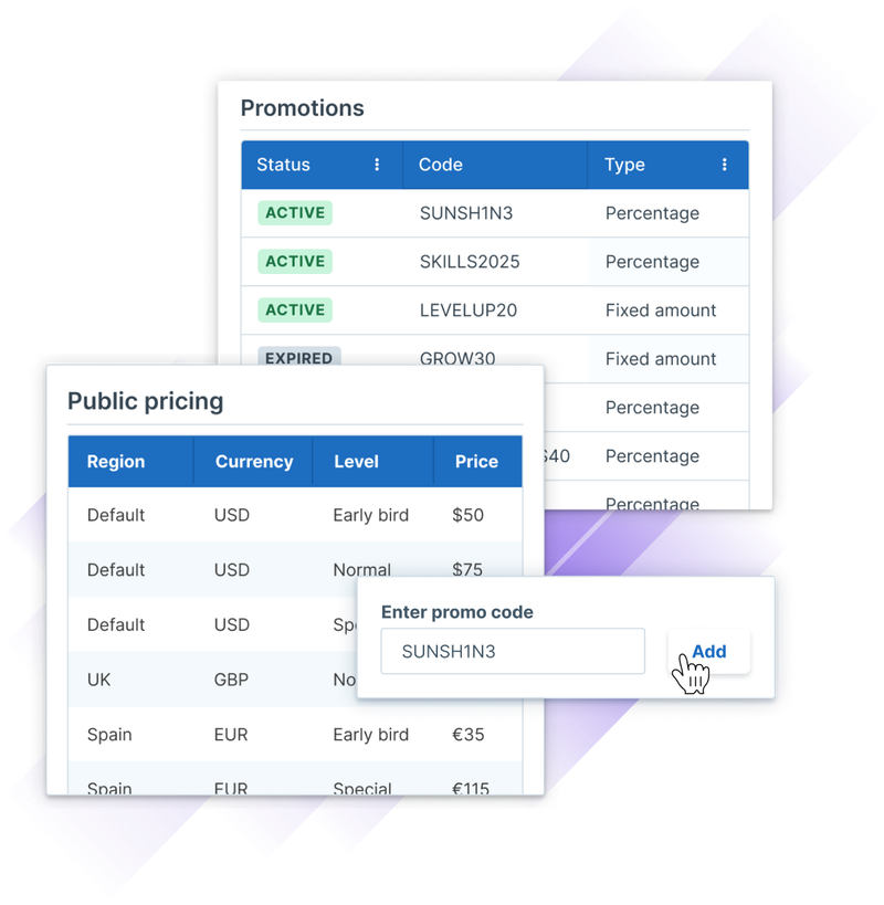 Image of a promotional codes interface in Administrate, displaying various statuses and options for entering a promo code.