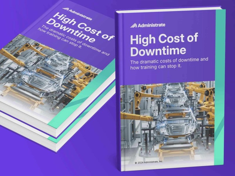 Two copies of the Administrate High Cost of Downtime ebook, featuring industrial manufacturing imagery on the cover.