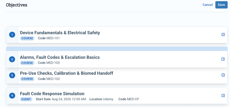 Screenshot showing drag and drop ordering in Administrate's Learning Paths feature.