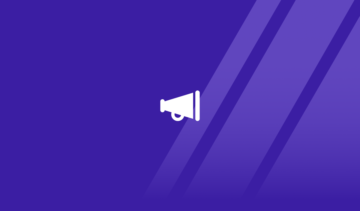 White megaphone icon on a purple gradient striped background.