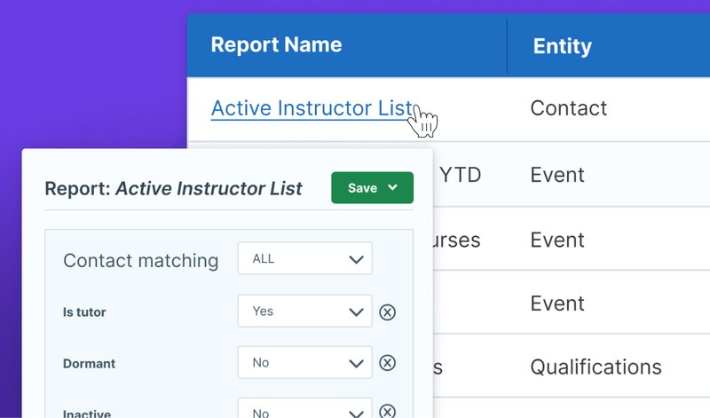 Screenshots of Administrate's reporting interface showing a list of reports with entities such as 'Contact' and 'Event.' A hand cursor is hovering over the 'Active Instructor List' report. An inset window below shows the editing interface for the 'Active Instructor List' report.