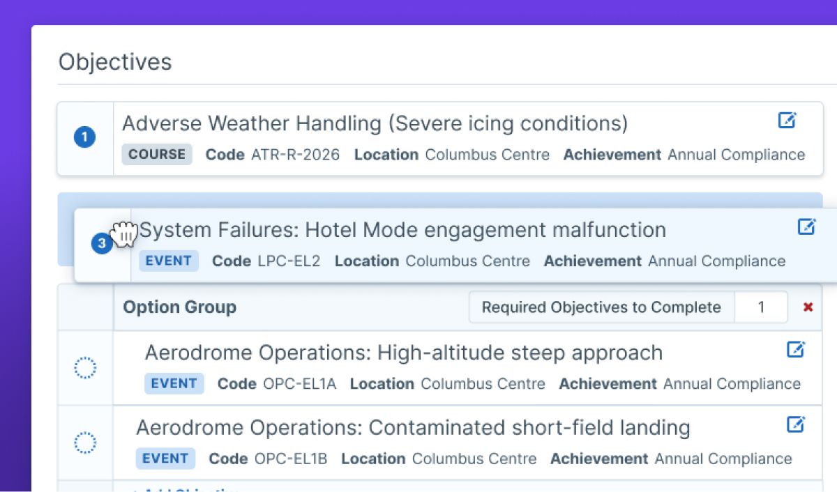 User drag and dropping one of the objectives in a learning path for pilot compliance training.