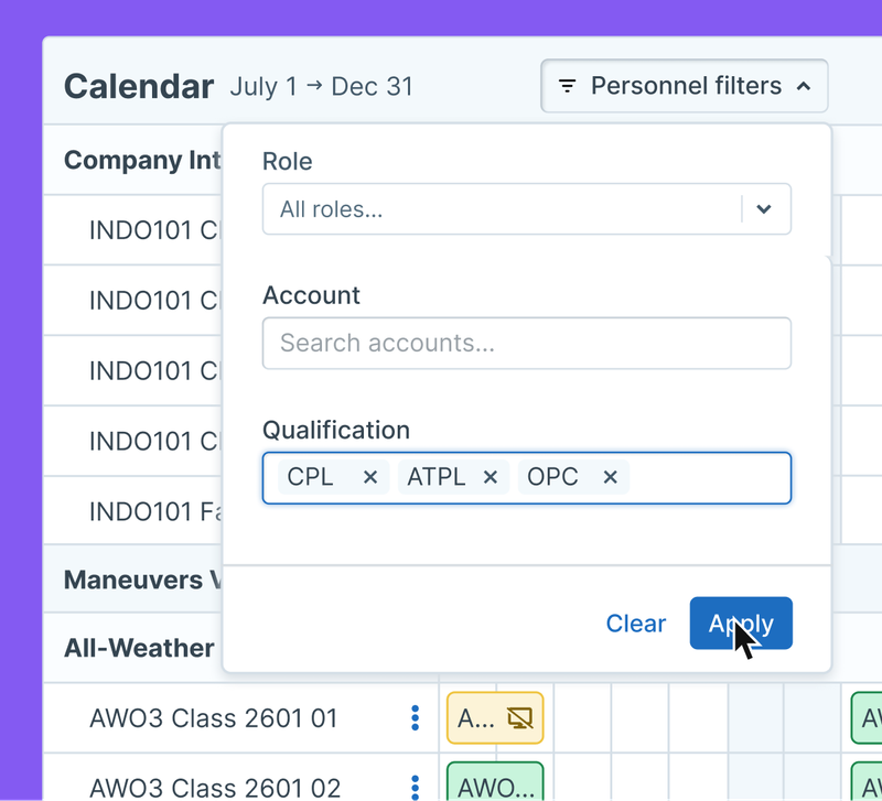 User selecting Qualifications that they want to filter the Calendar feature to while it is showing Personnel who are teaching courses.