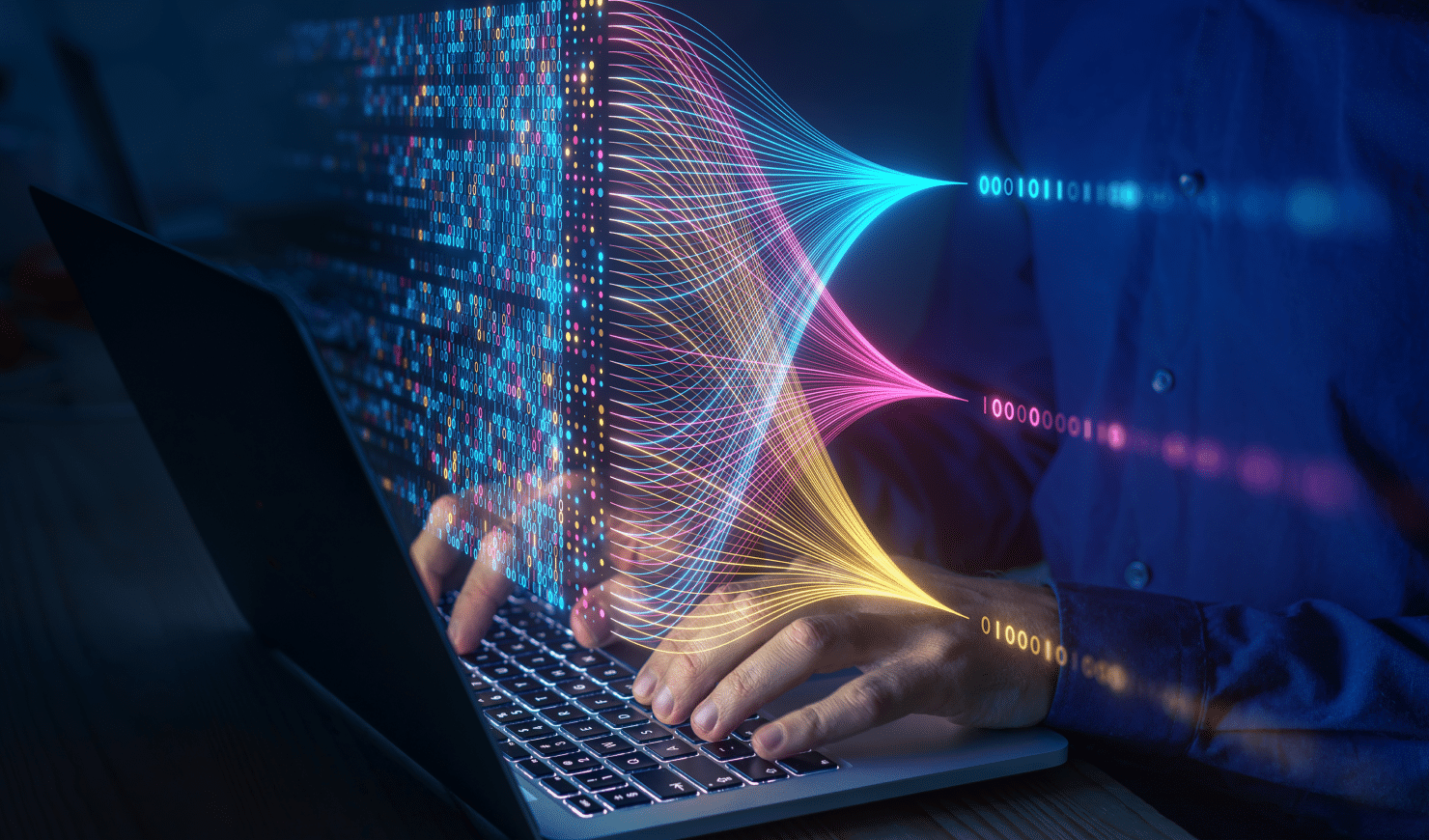 Graphic showing 0s and 1s in an array connected by streams of light, representing disconnected training data being organized.