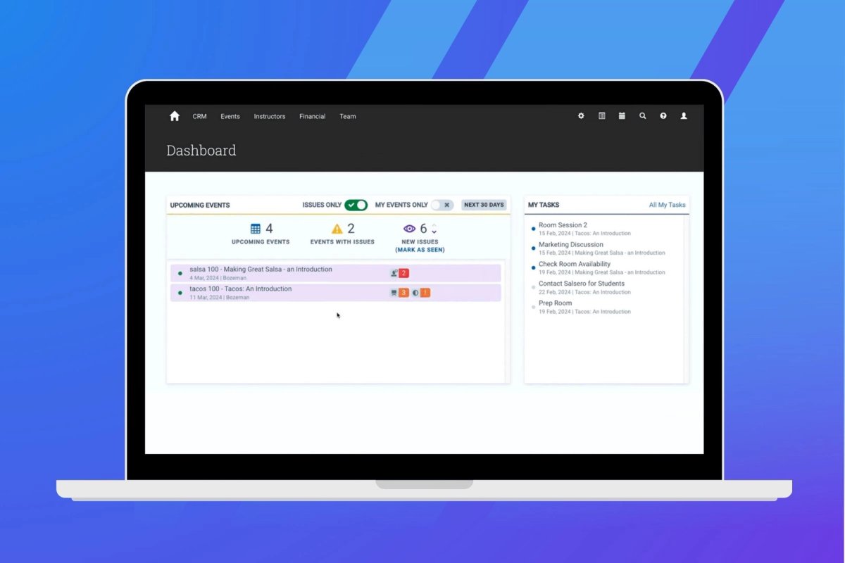 Administrate CRM dashboard on a laptop screen showing upcoming events, issues, and task lists.