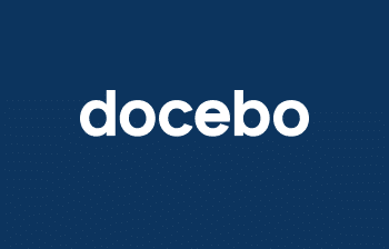 Docebo logo in white text on a dark blue background.