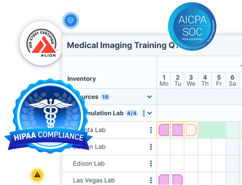 A medical imaging training schedule is shown alongside badges for HIPAA, ISO 27001, and SOC 2 compliance, highlighting secure, certified training operations.