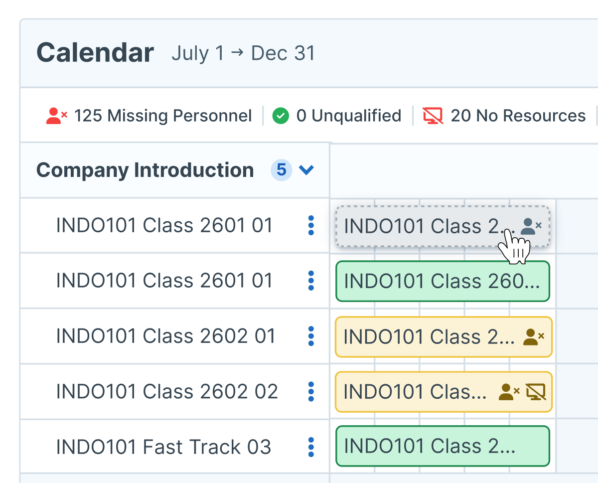 User looking at the Administrate Calendar view and hovering over a course in order to drag it to a new location.