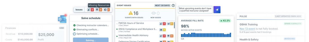 Illustration of Administrate software interface elements including calendar, checklists, alerts, and interconnected components, representing streamlined training management with Administrate.