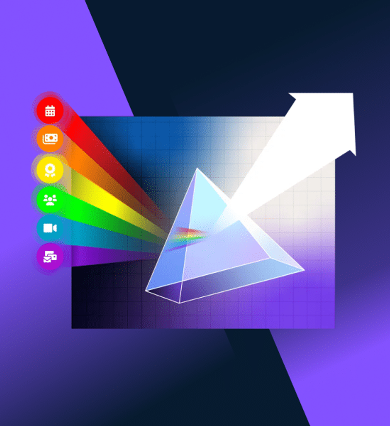 Digital illustration of a 3D prism refracting a rainbow spectrum with colorful app icons on a purple and dark blue gradient background.