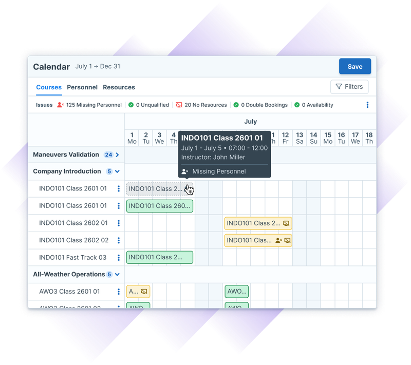 User looking at the Administrate Calendar view and hovering over a course in order to read more details about the course.