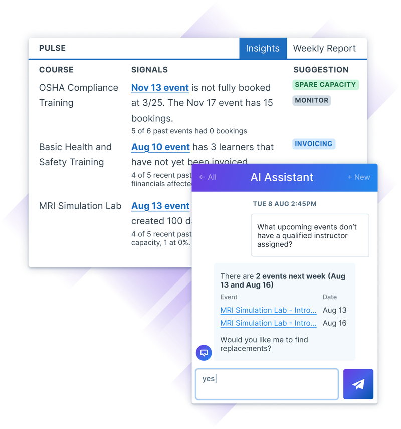 Administrate Insights data providing suggestions for multiple courses while a user asks Administrate's AI Assistant to solve some of those issues.