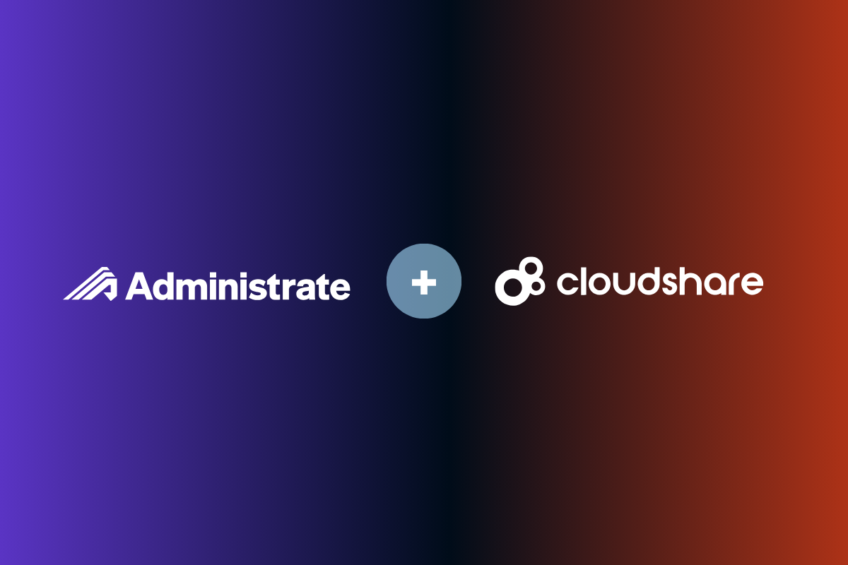Administrate and Cloudshare logos on a purple and orange gradient background, depicting a partnership between the brands.