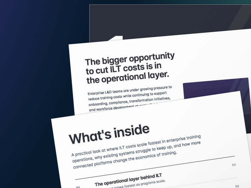 Interior preview spread of the Administrate ebook showing two pages: a "What's inside" table of contents page and a chapter page titled "The bigger opportunity to cut ILT costs is in the operational layer," set against a dark blue background.