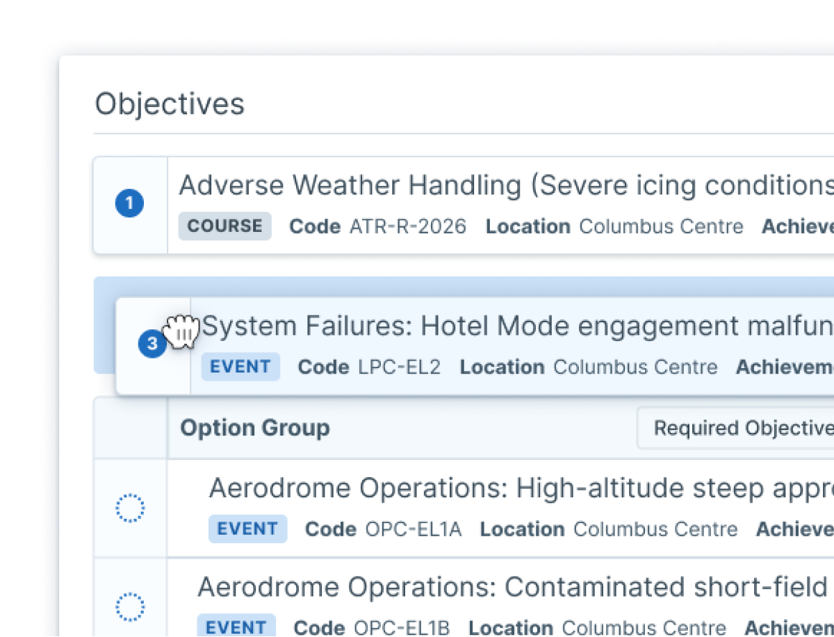 User drag and dropping one of the objectives in a learning path for pilot compliance training.