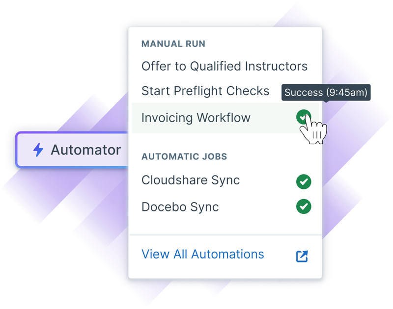 Administrate interface showing the "Automator" button and its menu, including a list of actions like Offer to Qualified Instructors, Start Preflight Checks, Invoicing Workflow, Cloudshare Sync, and Docebo Sync.