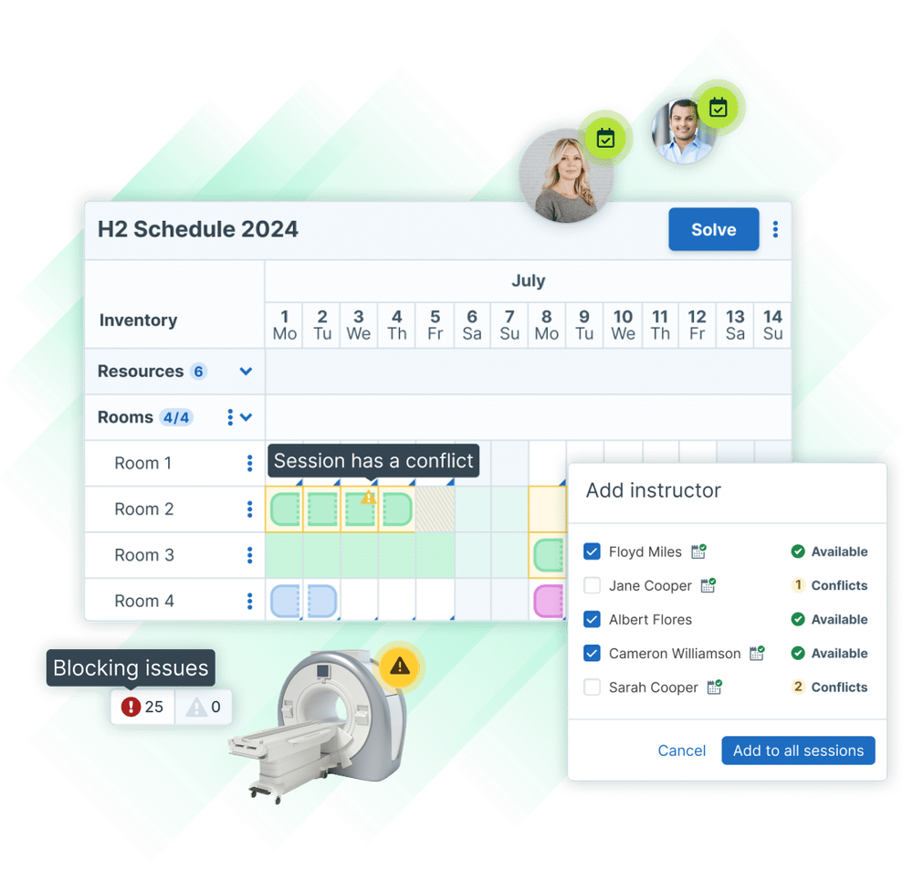 Administrate Scheduler UI elements such as issue highlights, the add instructor modal, and session conflict alerts.